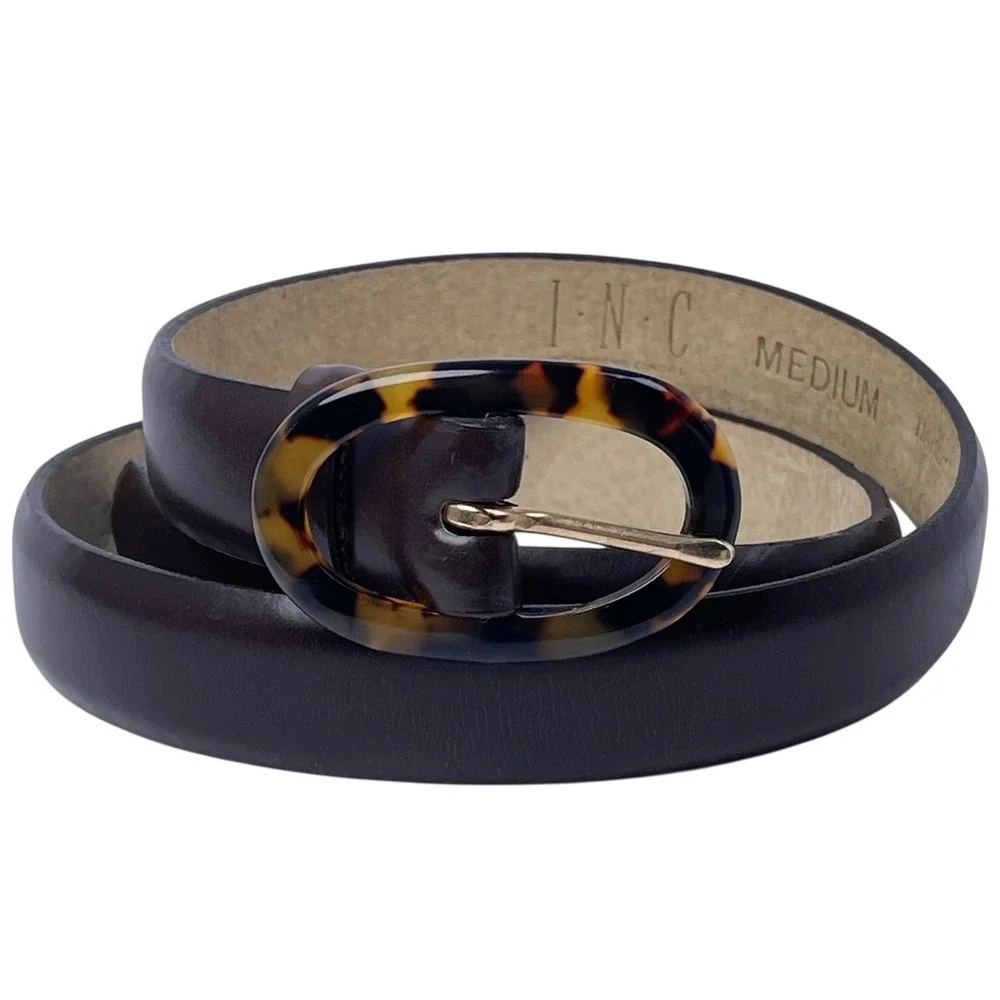 INC Womens Tortoise Shell Oval Buckle Dark Brown Leather Belt Sz M Retro Classic
